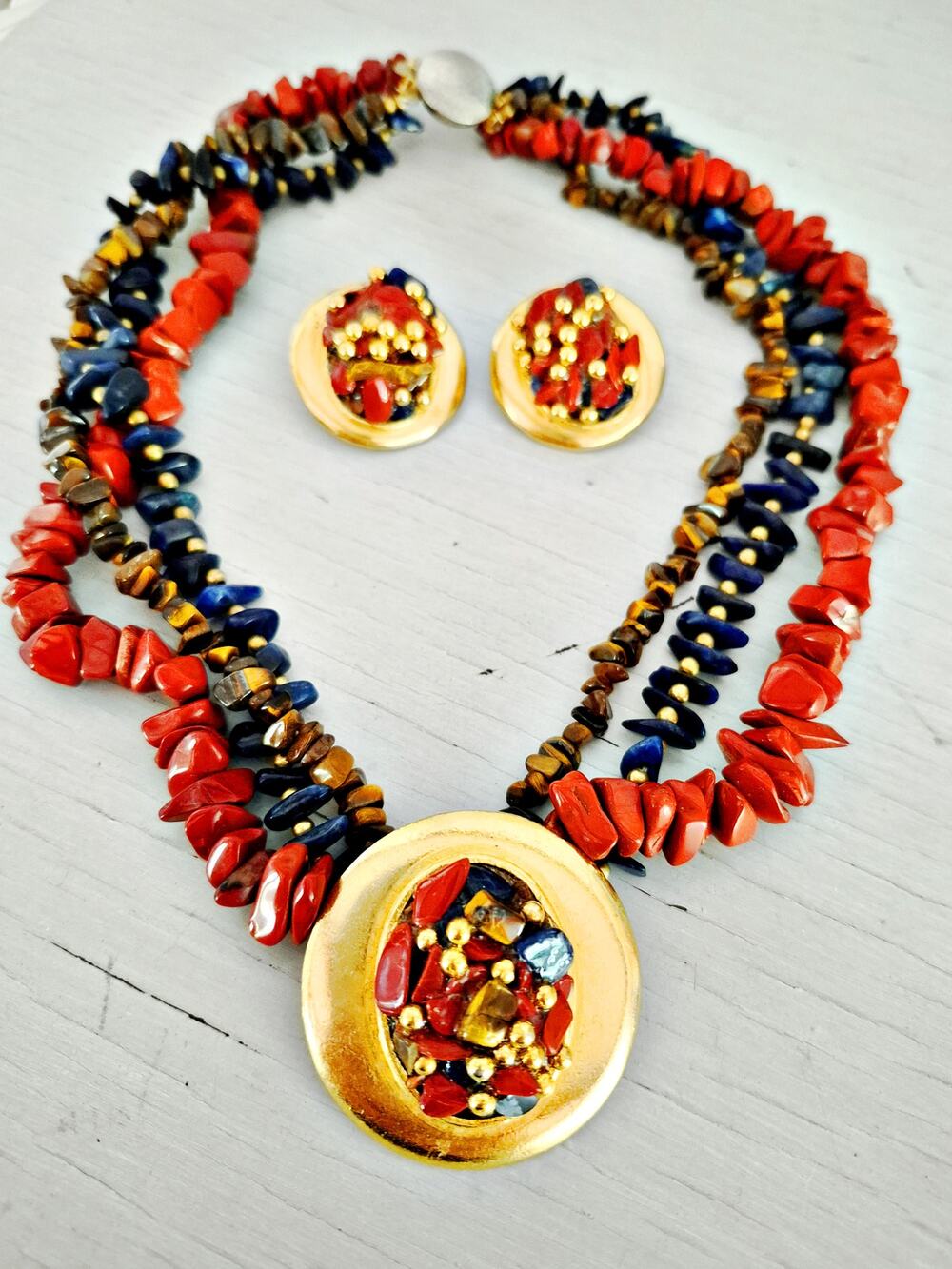 Red Blue and Brown Agate Multi-strand Necklace with Earring Set
